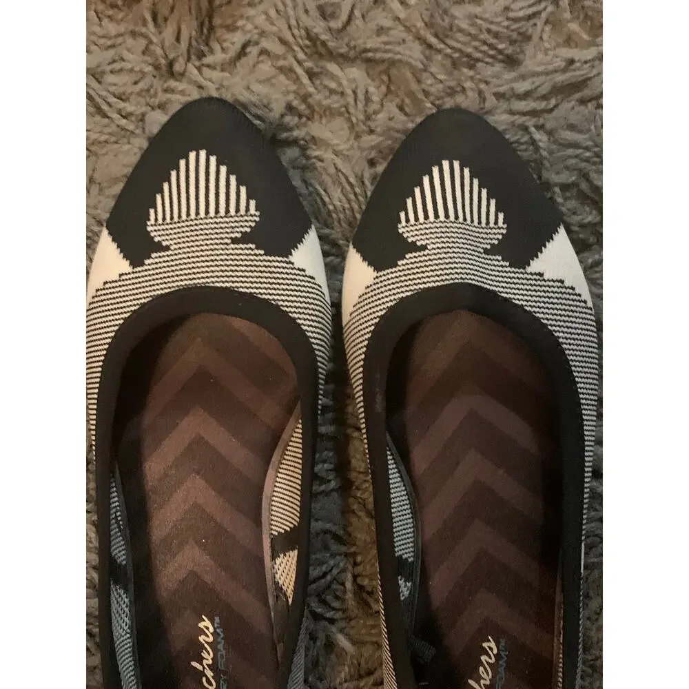 Womens Black & White Skechers Memory Foam Fabric Ballet Flats 48487 Size 9